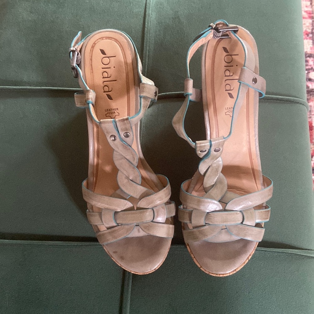 biala slightly worn jillian strappy wedge grey turquoise size 38 (US size 7.5)